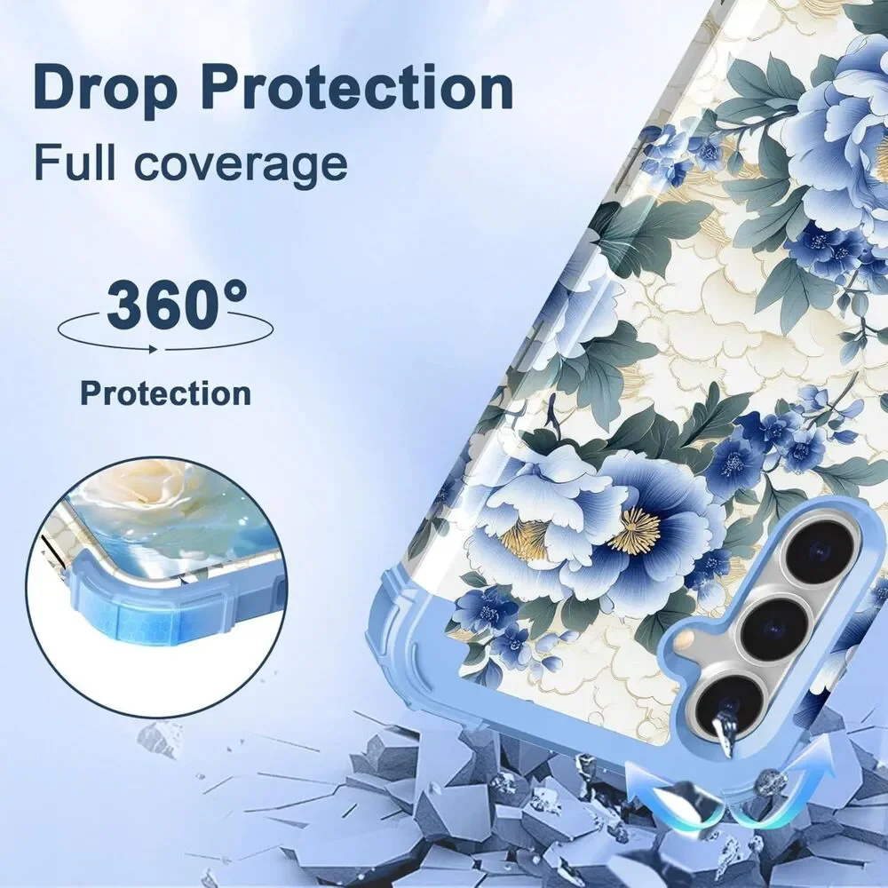 Flower Pattern Compatible with Samsung Galaxy S25 Full-Body Protective Blue